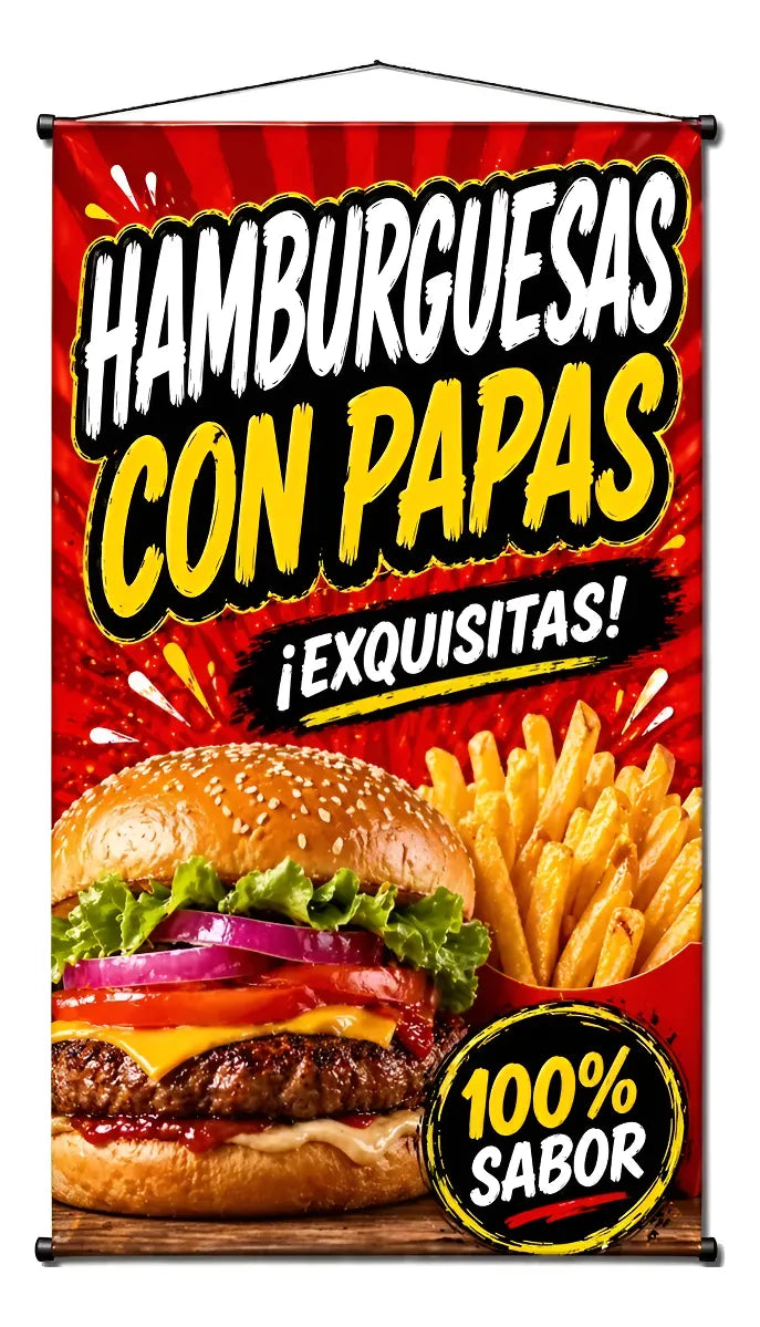 Pendón Colgante Hamburguesas Con Papas ¡Exquisitas! (50 x 100)