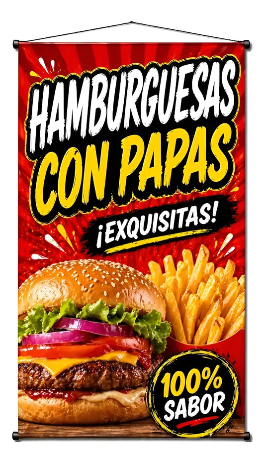 Pendón Colgante Hamburguesas Con Papas ¡Exquisitas! (50 x 100)