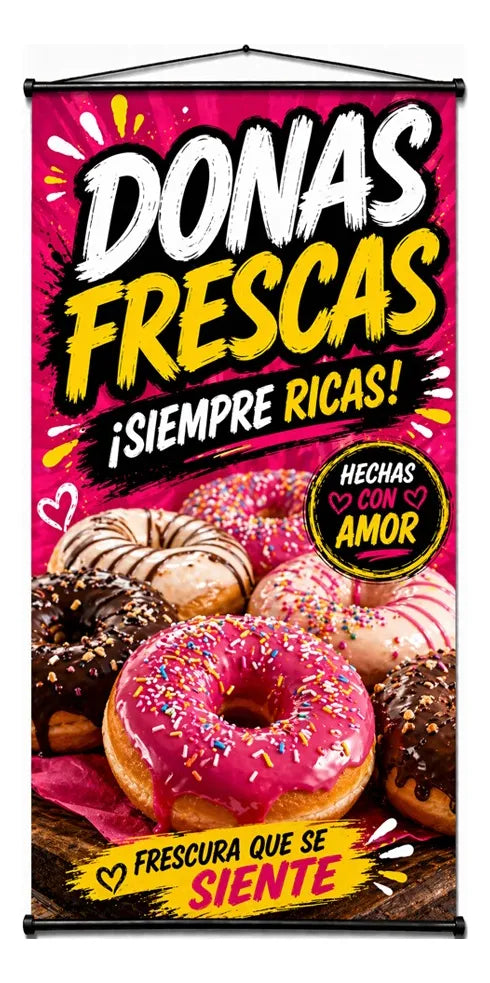 Pendón Colgante Donas Frescas ¡Siempre Ricas! (50 x 100)