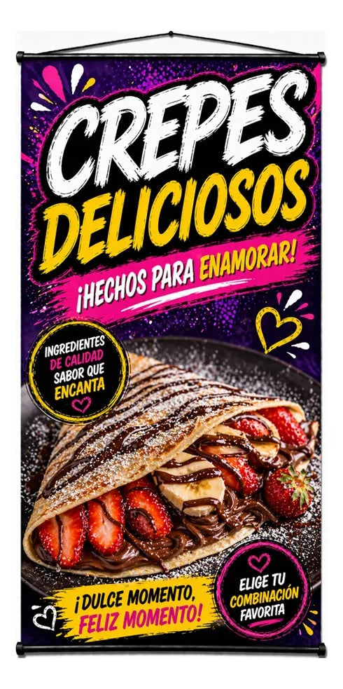 Pendón Colgante Crepes Deliciosos ¡Hechos Para Enamorar! (50 x 100)