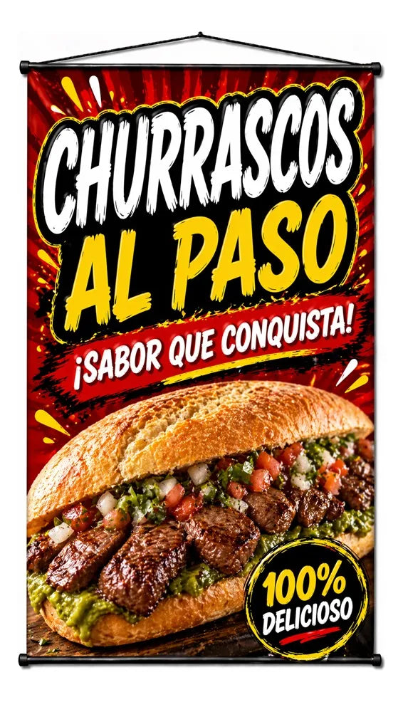 Pendón Colgante Churrascos Al Paso ¡Sabor Que Conquista! (50 x 100)