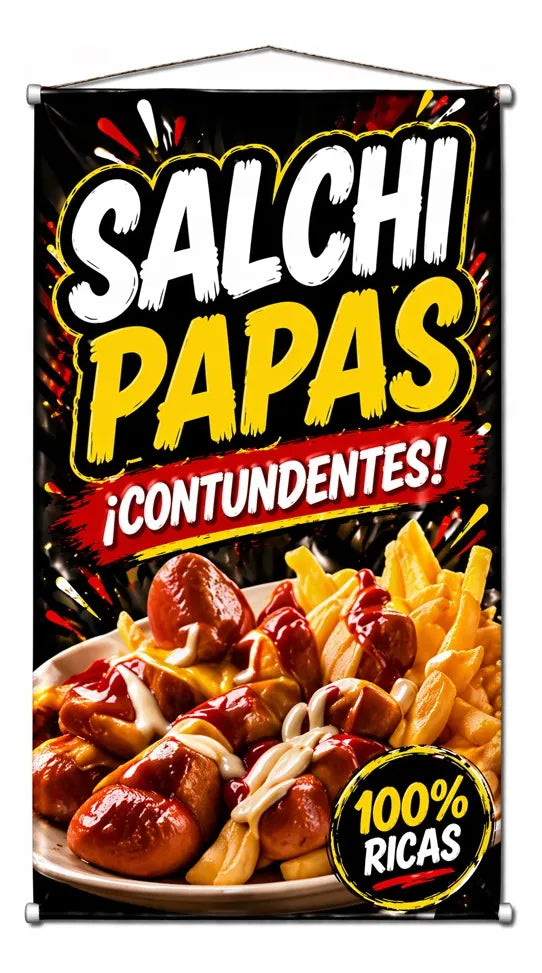 Pendón Colgante Salchipapas ¡Contundentes! (50 x 100)