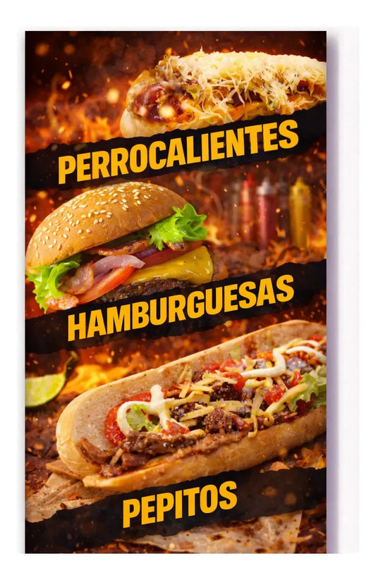 Pendón Colgante Perros Calientes, Hamburguesas, Pepitos (50 x 100)